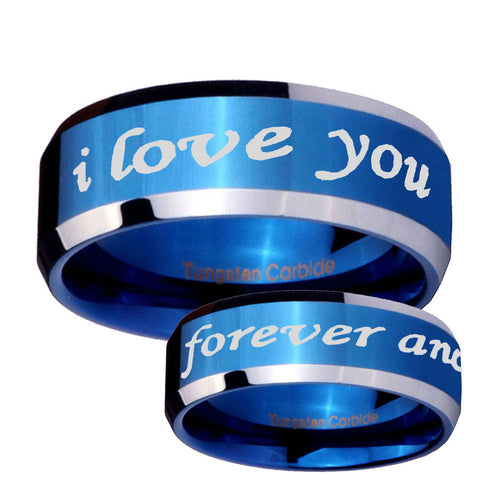 10mm I Love You Forever and ever Beveled Edge Blue 2 Tone Tungsten Mens Ring