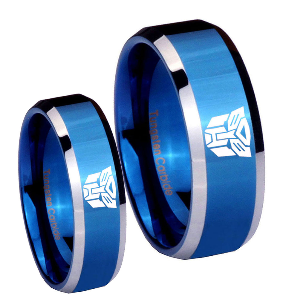 Transformers Autobot Beveled Blue 2 Tone Tungsten Wedding Ring Sets