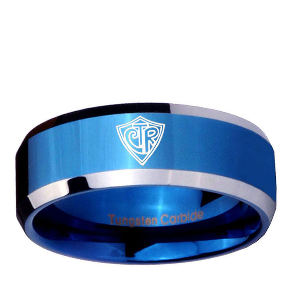 10mm CTR Beveled Edge Blue 2 Tone Tungsten Carbide Mens Bands Ring