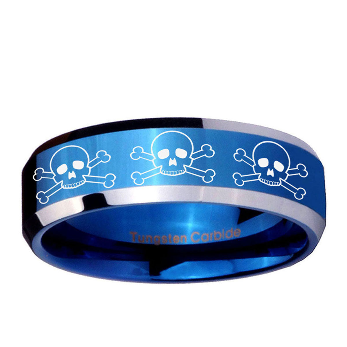 5MM Multiple Skull Beveled Blue Tungsten Comfort Fit Ring