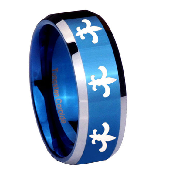 10mm-Multiple-Fleur-De-Lis-Beveled-Edges-Blue-2-Tone-Tungsten-Men's-Bands-Ring