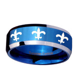 10mm-Multiple-Fleur-De-Lis-Beveled-Edges-Blue-2-Tone-Tungsten-Men's-Bands-Ring