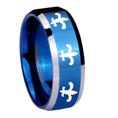 10mm Multiple Fleur Delis Beveled Edges Blue 2 Tone Tungsten Men's Bands Ring