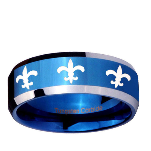 10mm Multiple Fleur-De-Lis Beveled Edge Blue 2 Tone Tungsten Ring