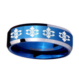 10mm-Multiple-Fleur-De-Lis-Beveled-Edges-Blue-2-Tone-Tungsten-Engagement-Ring