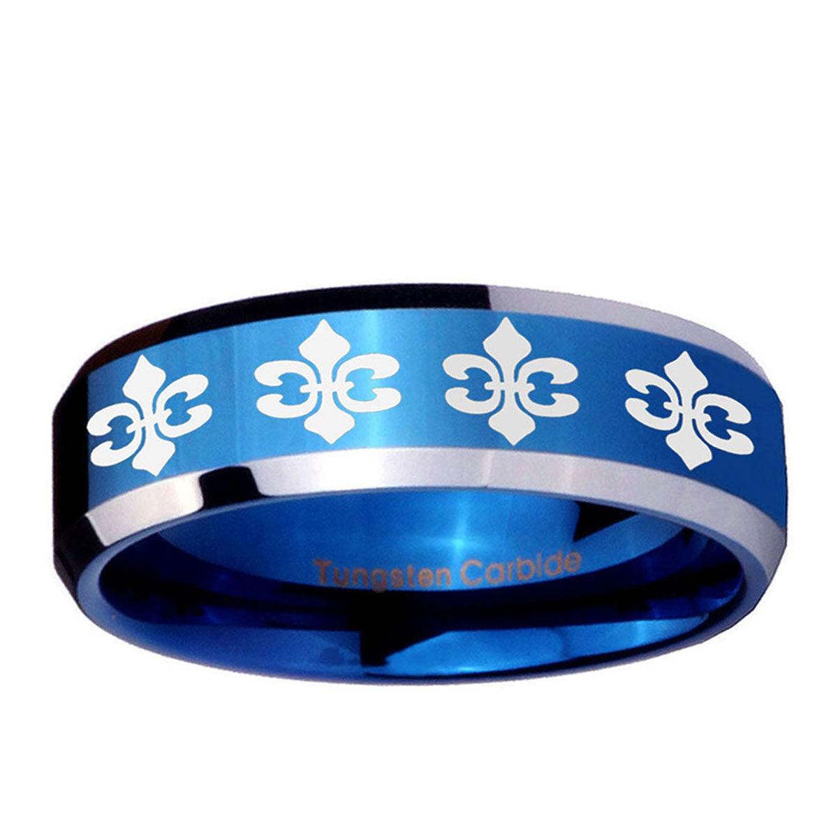 10mm Multiple Fleur-De-Lis Beveled Edge Blue 2 Tone Tungsten Ring