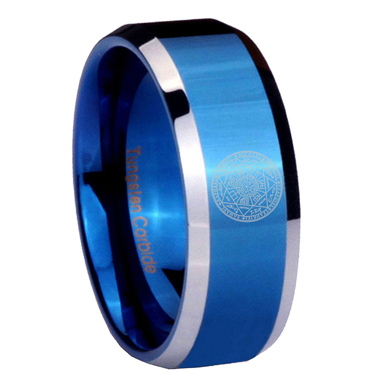 8MM Seal of Seven Beveled Blue Tungsten Mens Casual Ring