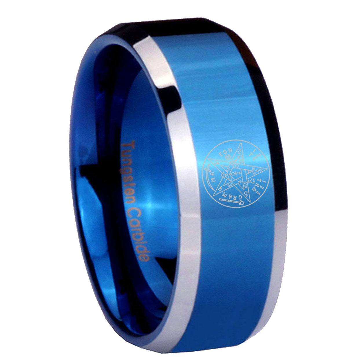 8MM Tetragrammaton Spiritual Beveled Blue Tungsten Ring