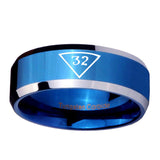 10mm-Masonic-32-Triangle-Freemason-Beveled-Edges-Blue-2-Tone-Tungsten-Carbide-Men's-Band-Ring