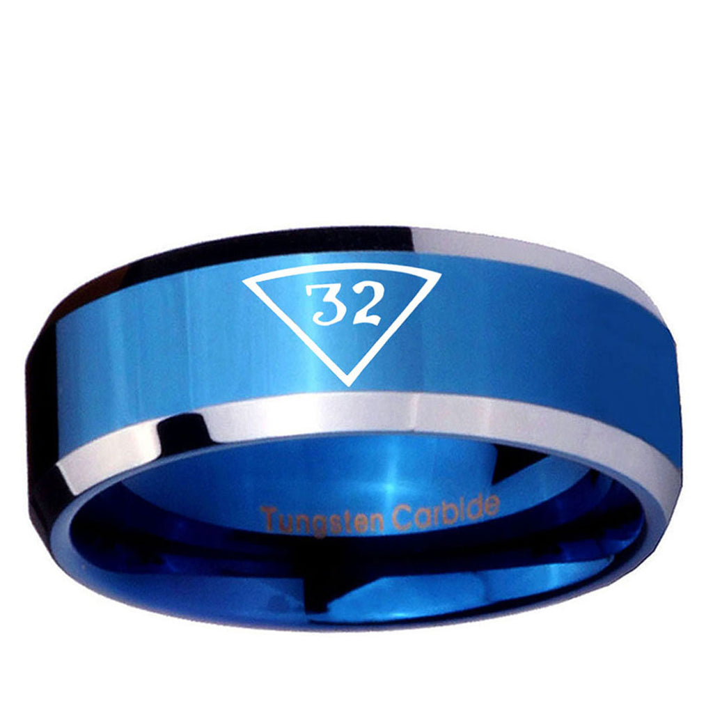 10mm Masonic 32 Triangle Freemason Beveled Edge Blue 2 Tone Tungsten Ring
