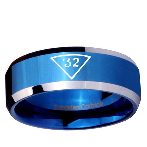10mm Masonic 32 Triangle Freemason Beveled Edge Blue 2 Tone Tungsten Ring