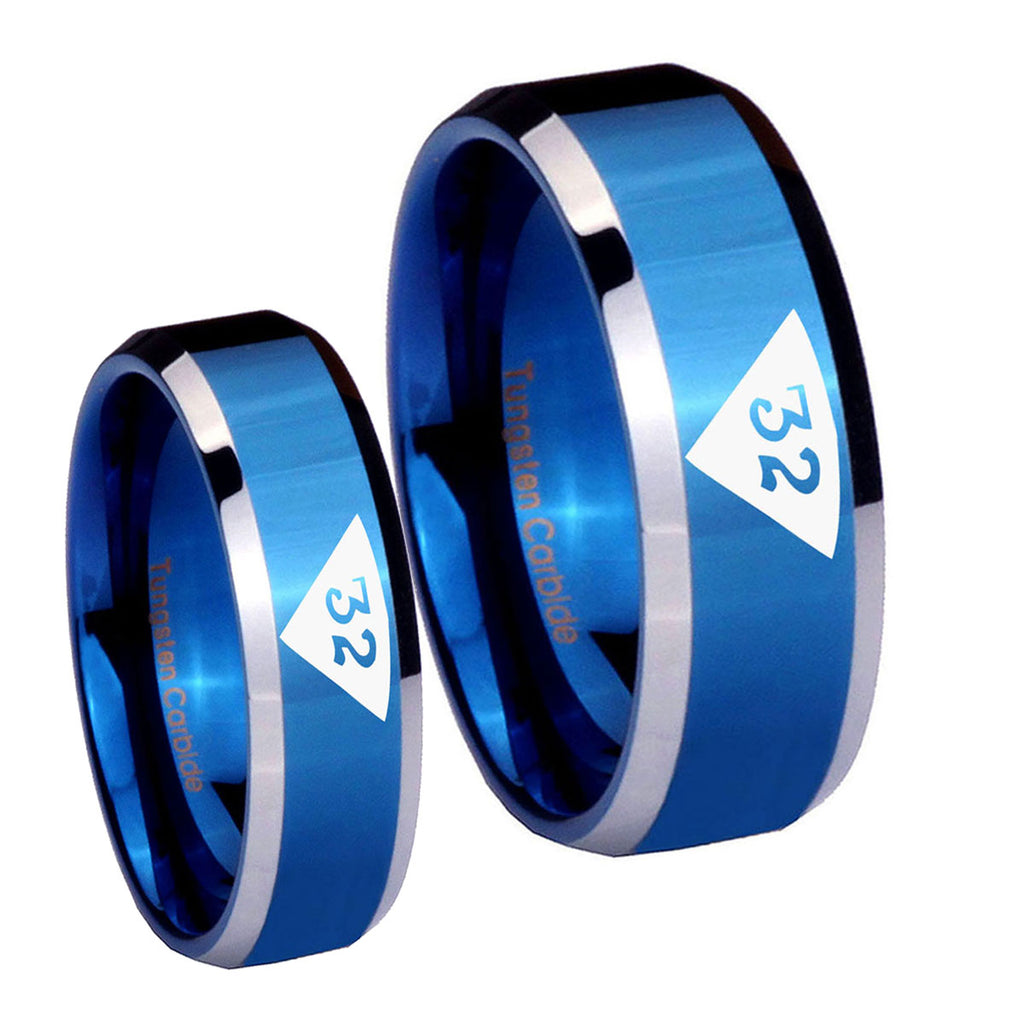 Masonic 32 Triangle Design Freemason Beveled Edges Blue 2 Tone Tungsten Bridal Ring Sets