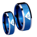 Masonic 32 Triangle Design Freemason Beveled Edges Blue 2 Tone Tungsten Bridal Ring Sets