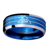 10mm-Masonic-32-Duo-Line-Freemason-Beveled-Edges-Blue-2-Tone-Tungsten-Carbide-Men's-Band-Ring