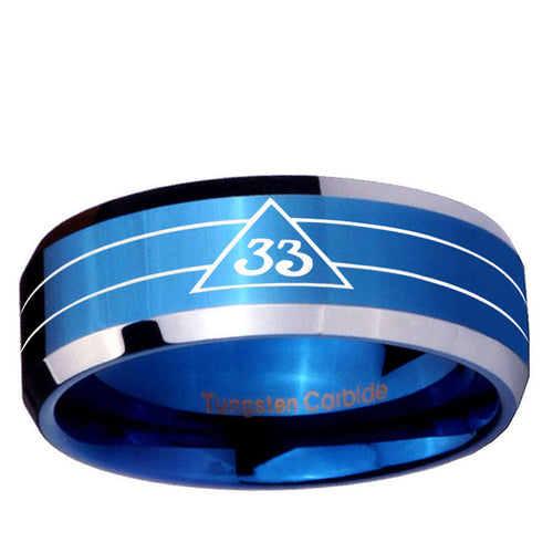 10mm Masonic 32 Duo Line Freemason Beveled Edge Blue 2 Tone Tungsten Ring