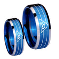 Masonic 32 Duo Line Freemason Beveled Edges Blue 2 Tone Tungsten Couple Wedding Rings
