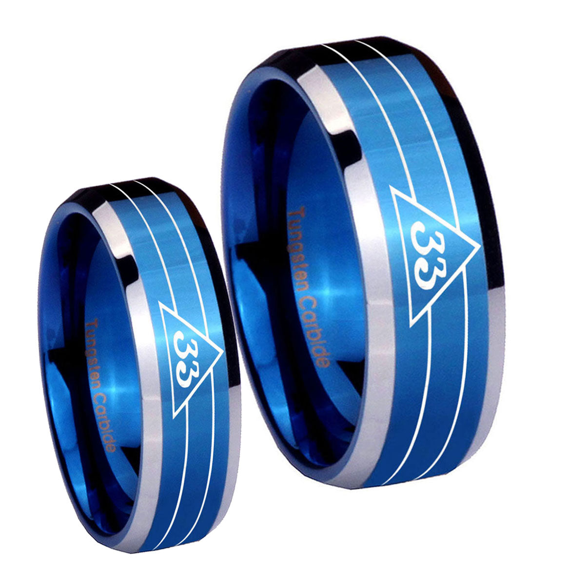 Masonic 32 Duo Line Freemason Beveled Edges Blue 2 Tone Tungsten Couple Wedding Rings