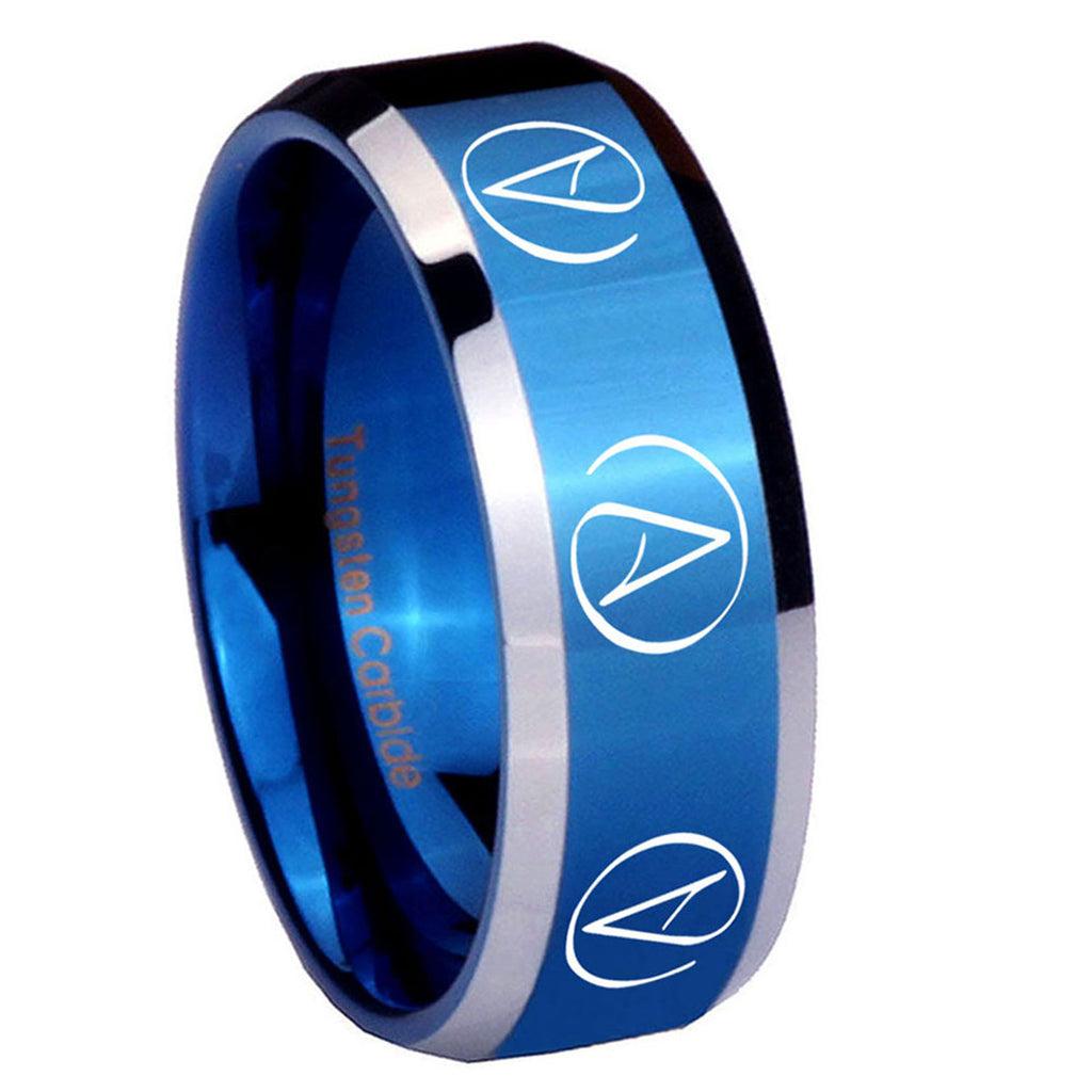 8MM Atheist Design Beveled Blue Tungsten Promise Ring