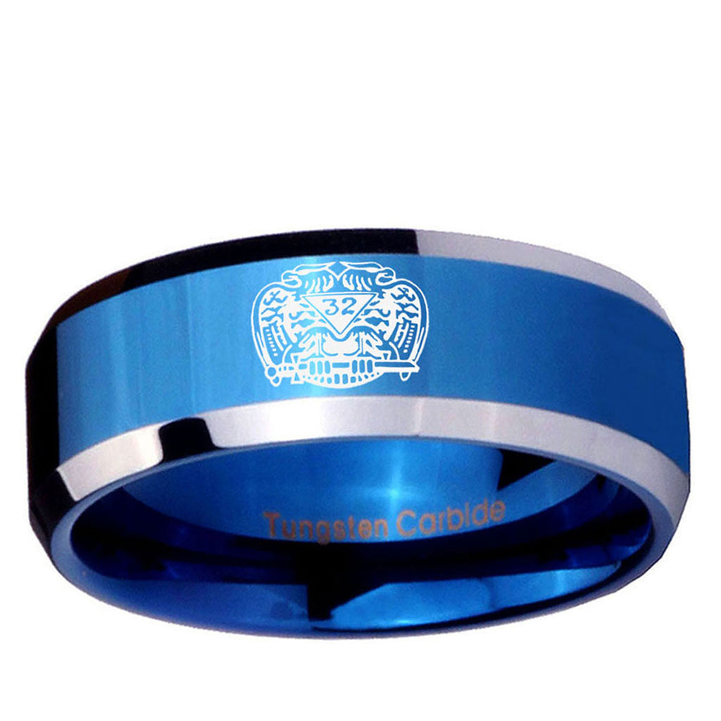 10mm Masonic 32 Degree Freemason Beveled Edge Blue 2 Tone Tungsten Ring