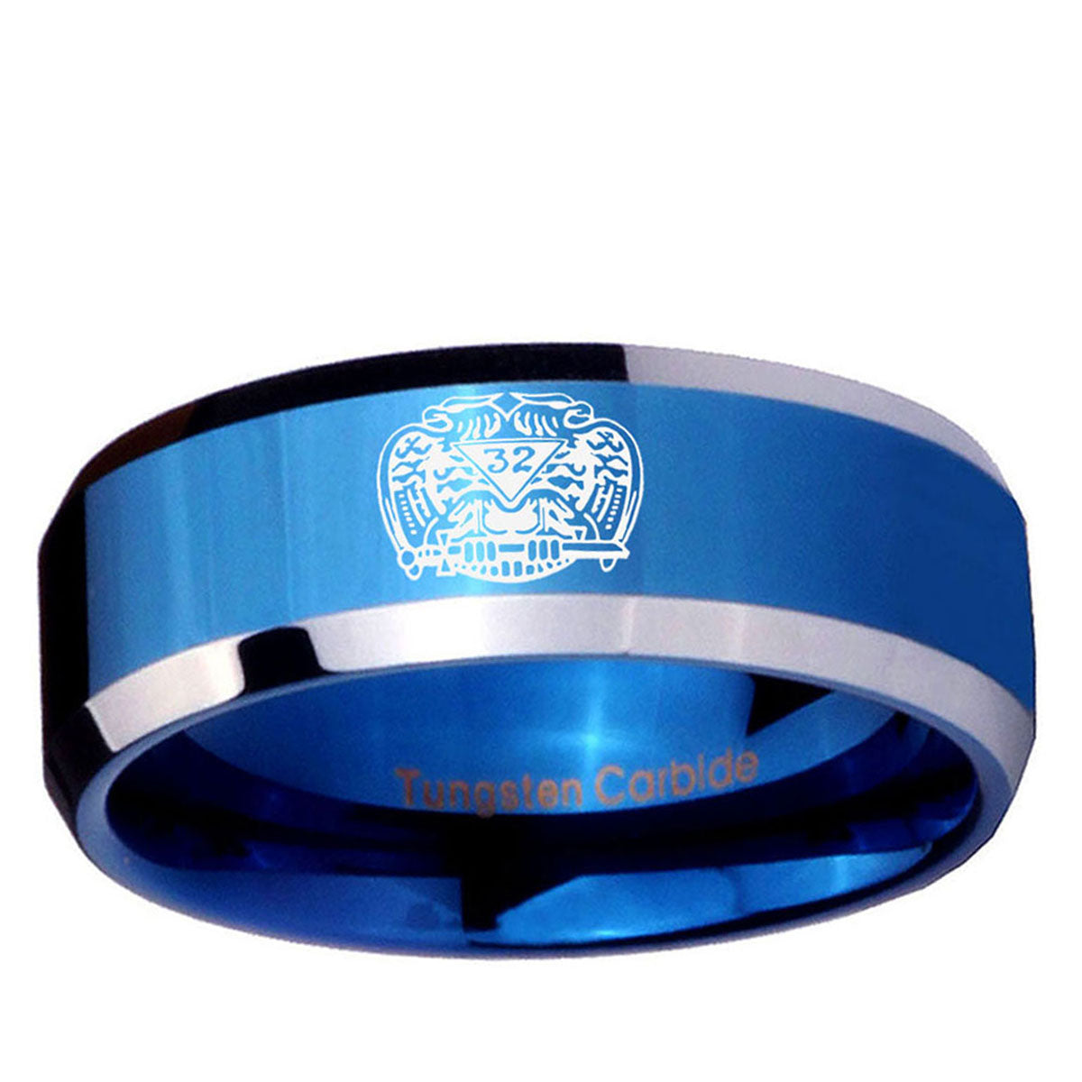 10mm Masonic 32 Degree Freemason Beveled Edge Blue 2 Tone Tungsten Ring