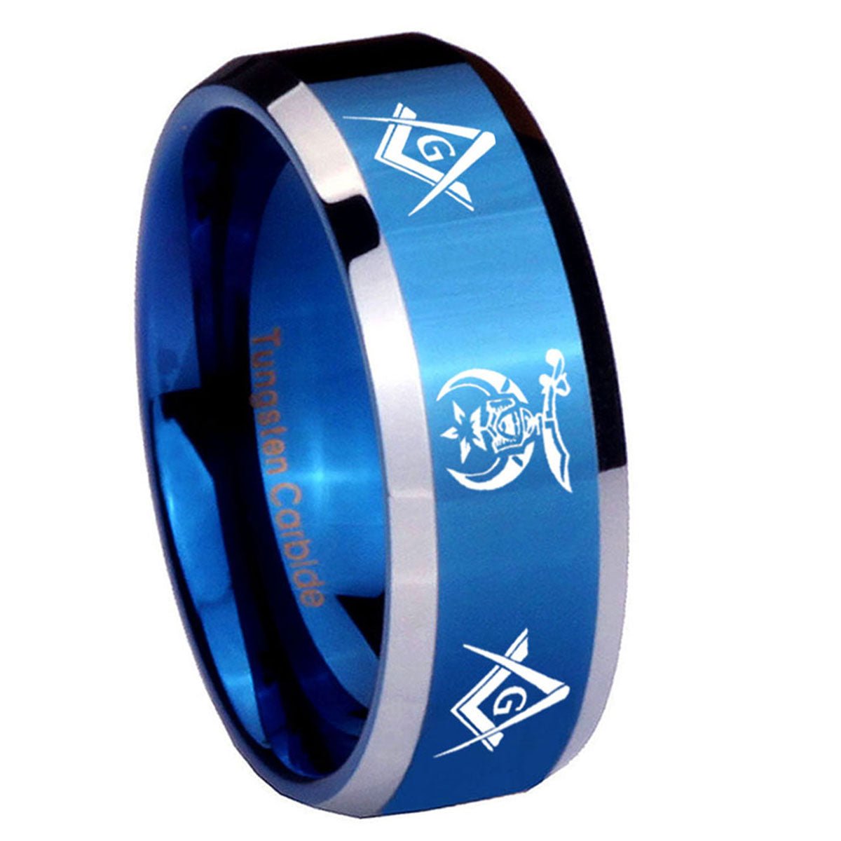 8MM Masonic Shriners Beveled Blue Tungsten Wedding Band Men