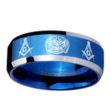 10mm-Masonic-32-Design-Beveled-Edges-Blue-2-Tone-Tungsten-Mens-Ring-Engraved