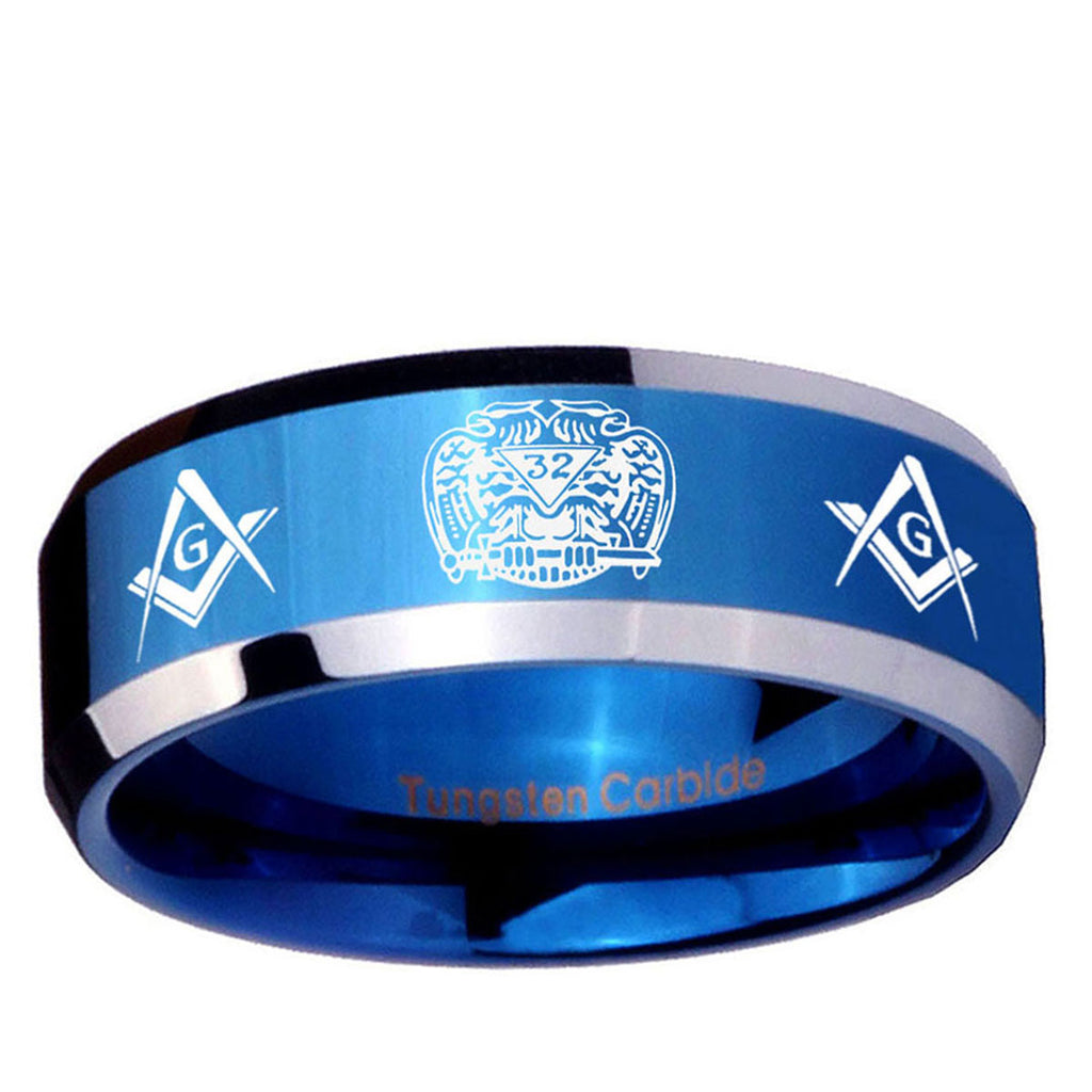 5MM Masonic 32 Design Beveled Blue Tungsten Ring For Men