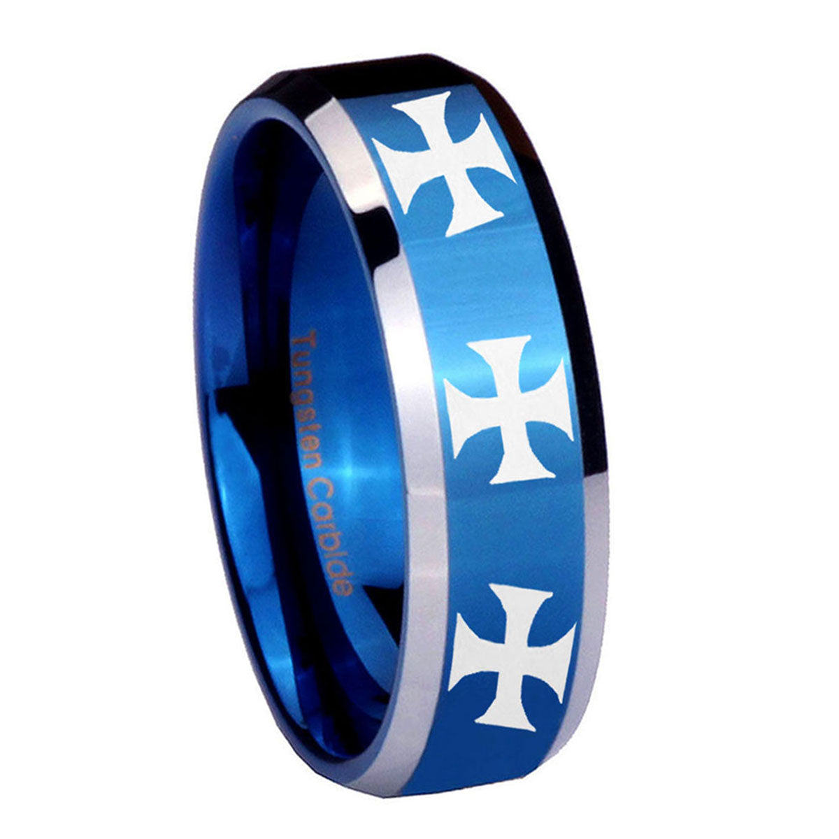 8MM Multiple Maltese Cross Beveled Blue Tungsten Wedding Band