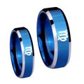 Virgo Zodiac Beveled Edges Blue 2 Tone Tungsten Promise Ring Set