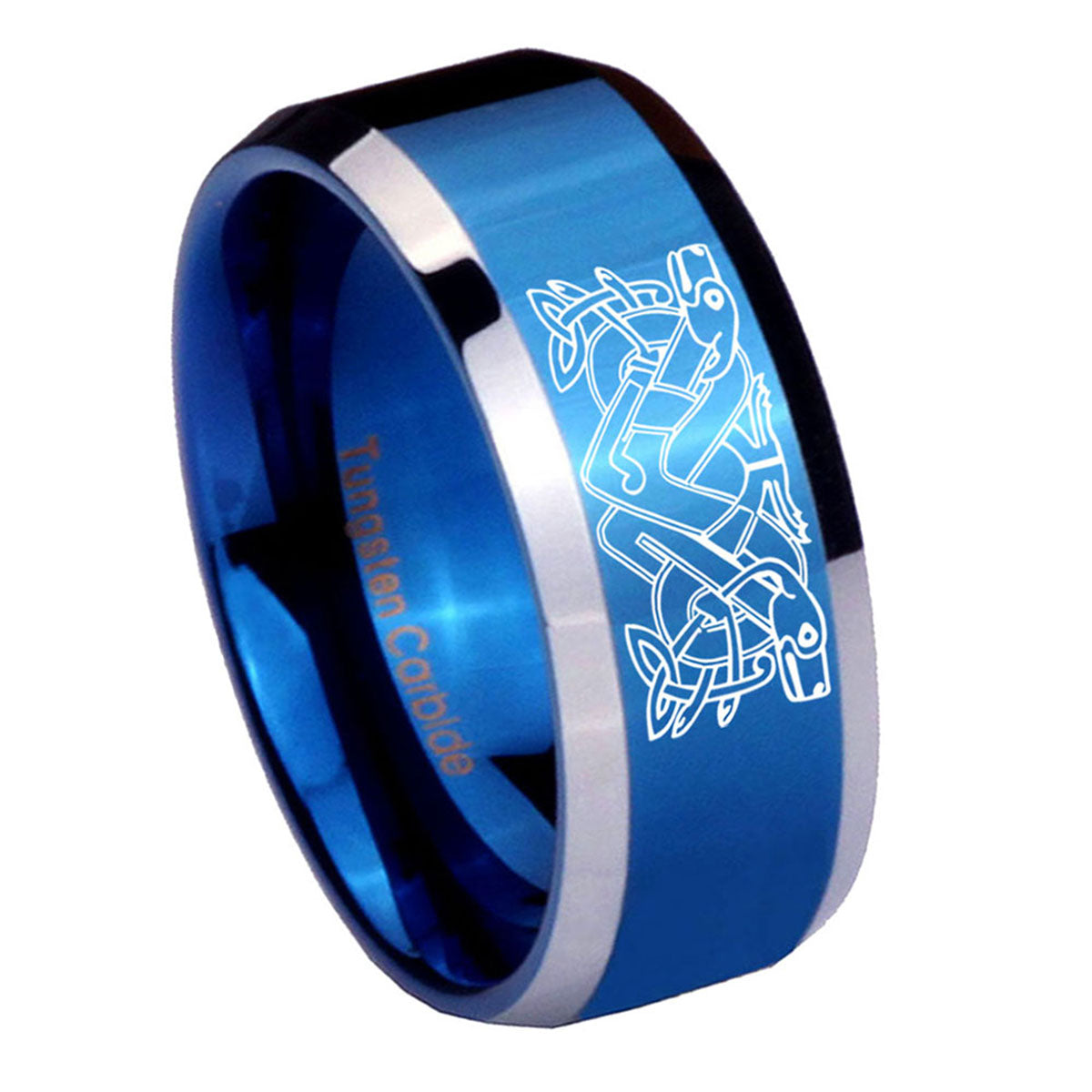 10mm Celtic Dog Beveled Edges Blue 2 Tone Tungsten Men's Engagement Ring
