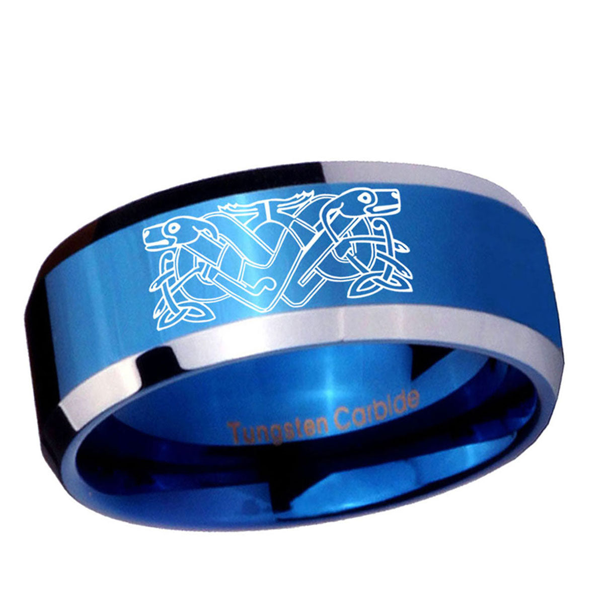 5MM Celtic Dog Beveled Blue Tungsten Ring Men
