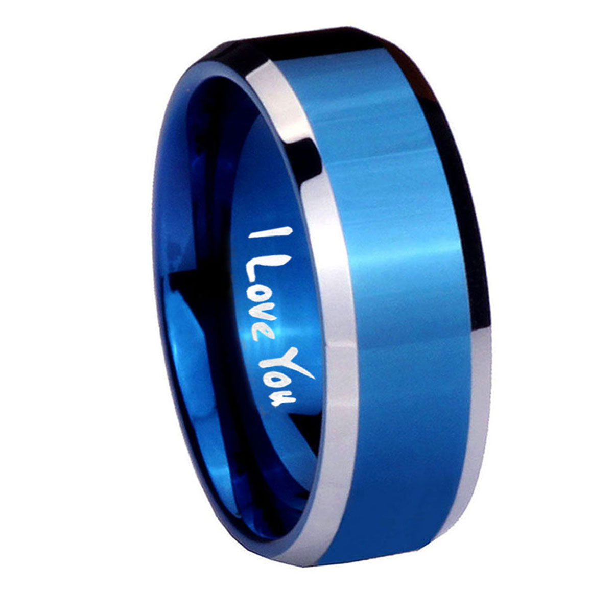 8MM I Love You Beveled Blue Tungsten Ring For Men