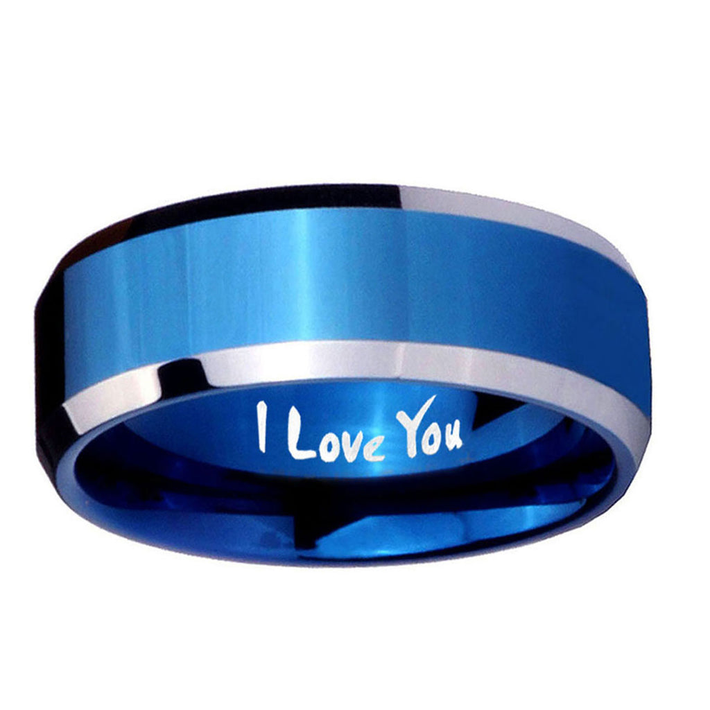 5MM I Love You Beveled Blue Tungsten Ring For Men