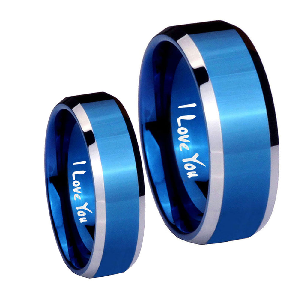 I Love You Beveled Edges Blue 2 Tone Tungsten Bridal Band Set