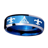 8mm-Celtic-Triangle-Fleur-De-Lis-Beveled-Blue-2-Tone-Tungsten-Men's-Bands-Ring