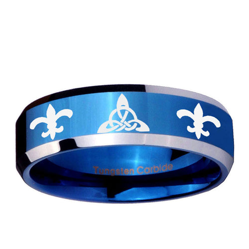 10mm Celtic Triangle Fleur-De-Lis Beveled Blue 2 Tone Tungsten Ring