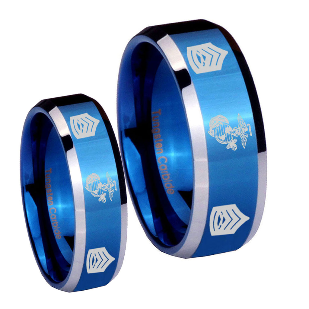 Marine Army Sergeant Beveled Edges Blue 2 Tone Tungsten Couple Rings