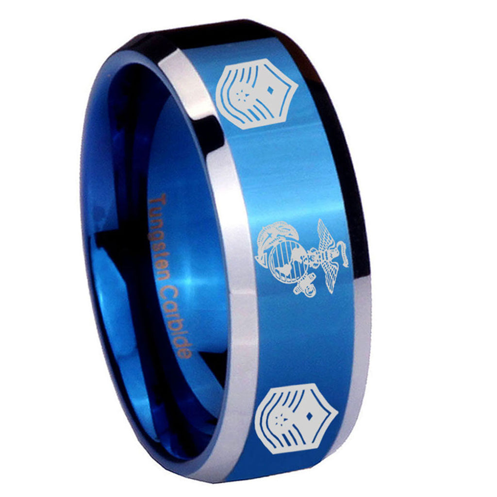 8MM Marine Chief Master Sergeant Beveled Blue Tungsten Ring