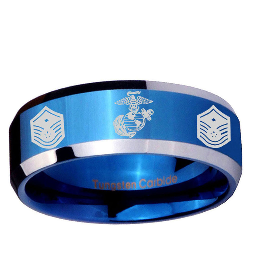 10mm Marine Chief Master Sergeant Beveled Edge Blue 2 Tone Tungsten Mens Wedding Band