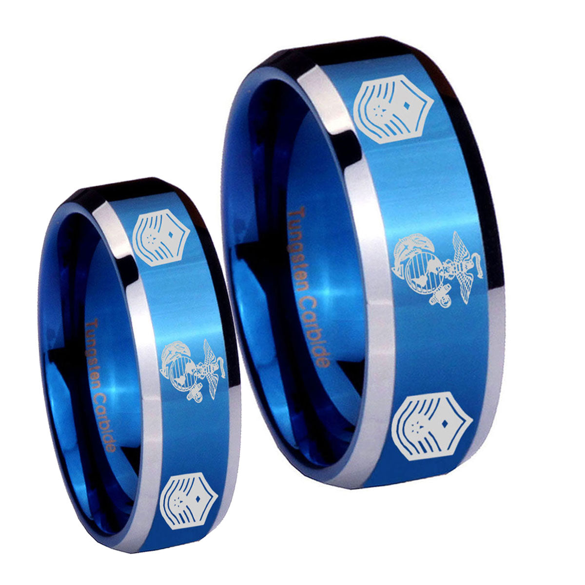 Marine Chief Master Sergeant Beveled Blue 2 Tone Tungsten Mens Set Ring