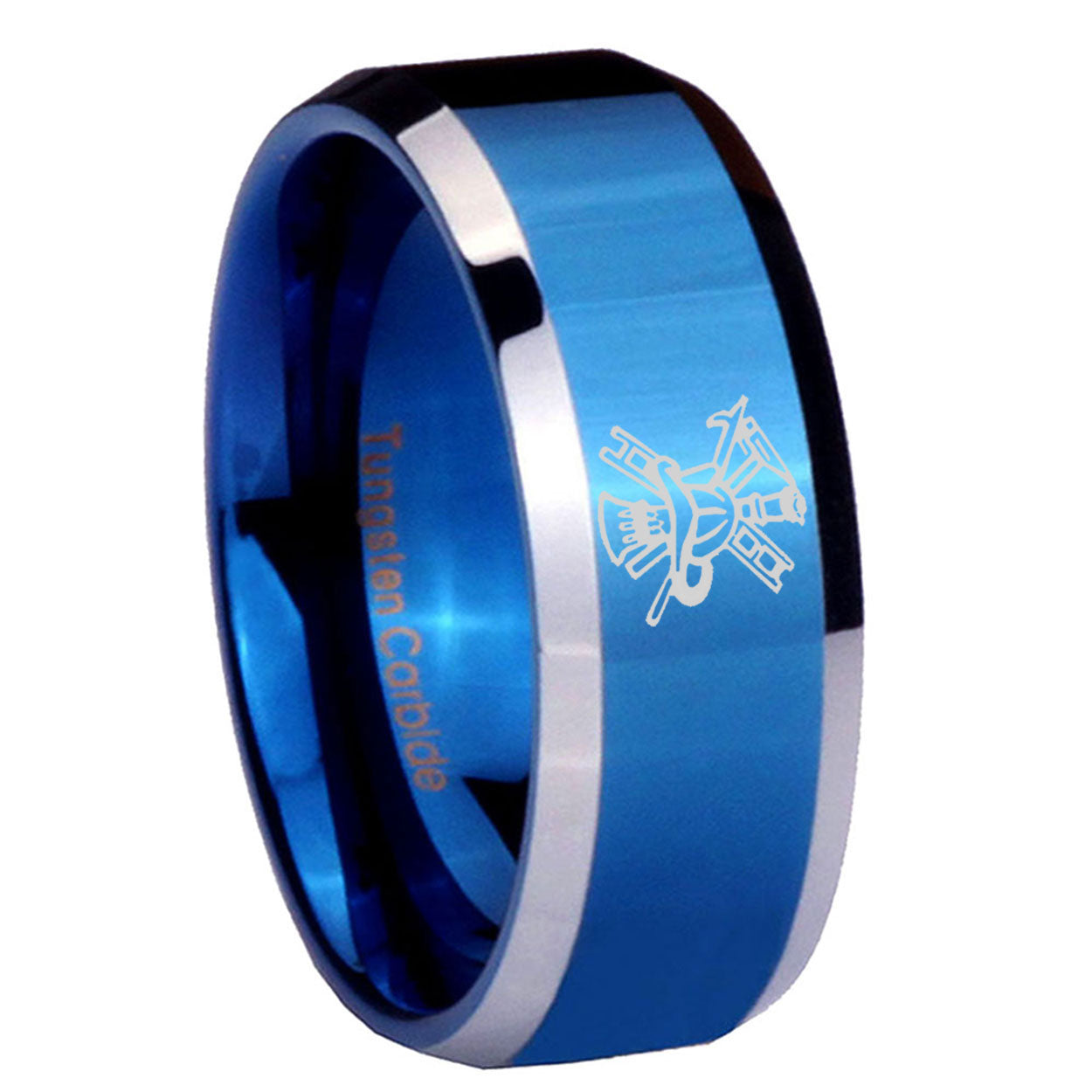 10mm Fireman Beveled Edges Blue 2 Tone Tungsten Carbide Engraved Ring