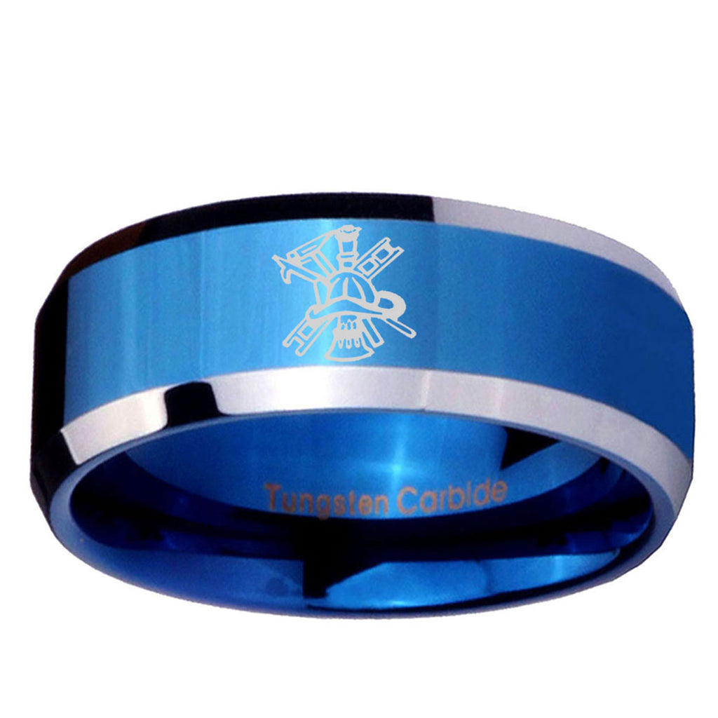 5MM Fireman Beveled Blue Tungsten Custom Engraved Ring