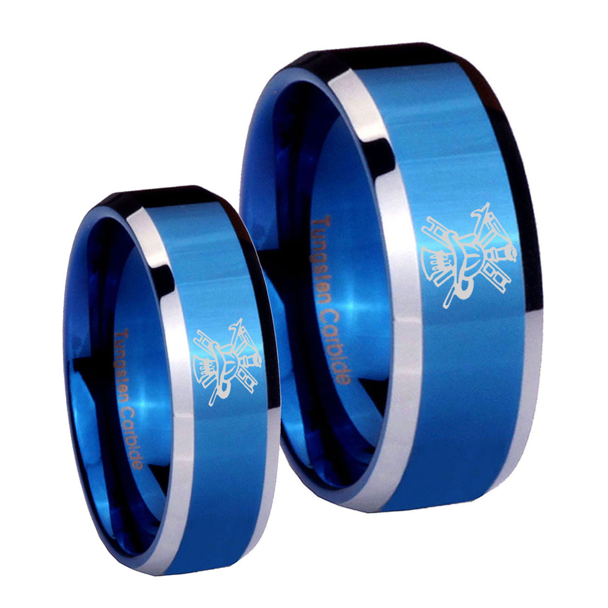 Fireman Beveled Edges Blue 2 Tone Tungsten Mens Set Ring