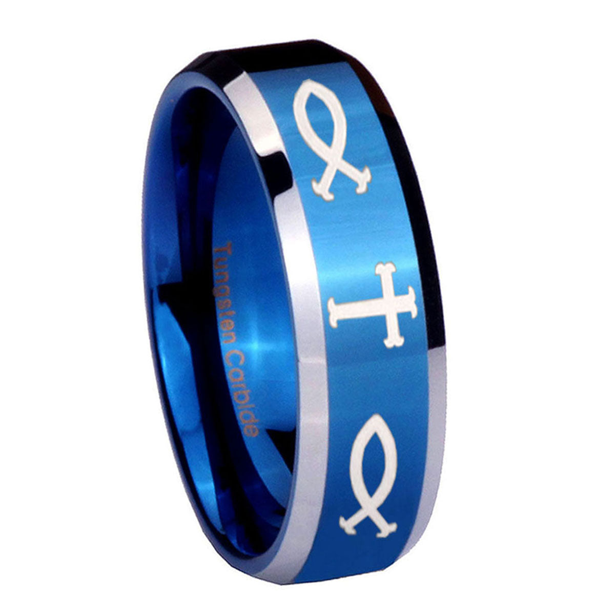 10mm Fish & Cross Beveled Edges Blue 2 Tone Tungsten Mens Engagement Band