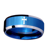 10mm-Flat-Christian-Cross-Beveled-Edges-Blue-2-Tone-Tungsten-Men's-Bands-Ring
