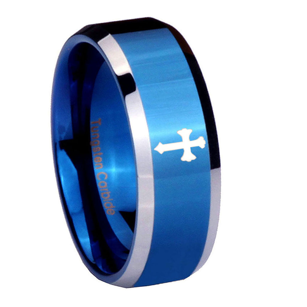 8MM Flat Christian Cross Beveled Blue Tungsten Rings