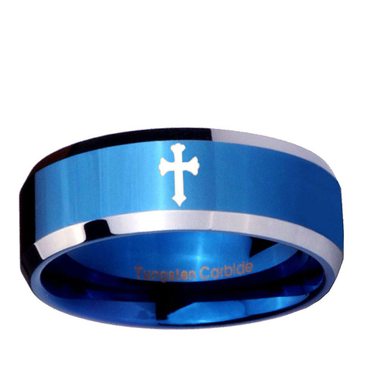 10mm Flat Christian Cross Beveled Edge Blue 2 Tone Tungsten Ring