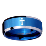 10mm Flat Christian Cross Beveled Edge Blue 2 Tone Tungsten Ring