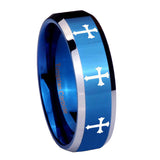10mm-Multiple-Christian-Cross-Beveled-Edges-Blue-2-Tone-Tungsten-Promise-Ring
