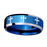 10mm-Multiple-Christian-Cross-Beveled-Edges-Blue-2-Tone-Tungsten-Promise-Ring